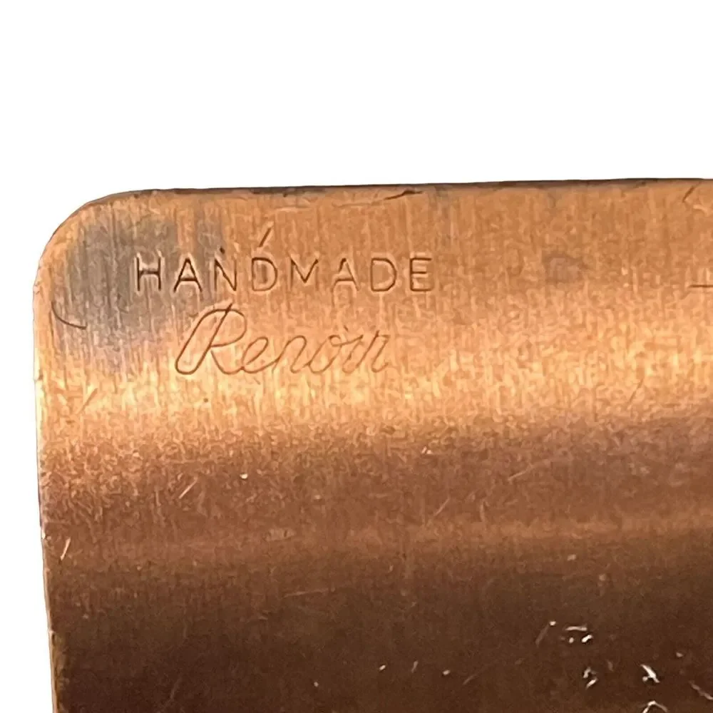 Signed Handmade Renoir 1950s Modernist Scroll Motif Copper Cuff Bracelet Runway